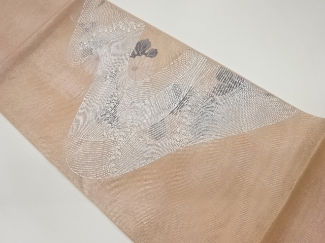 紗 金駒刺繍手描き荒波に菊模様袋帯